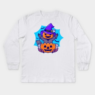 Cute Witch Pumpkin Halloween With Cat And Bat Cartoon Kids Long Sleeve T-Shirt